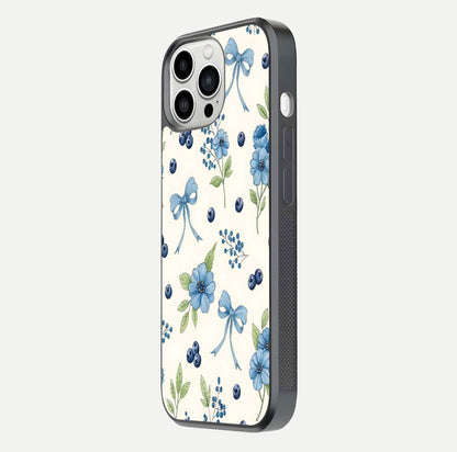 Blue Flower & Bow Glass Case for iPhone 13 Pro Max side-angle image showing bow-floral mix and HD finish shine