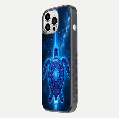 Blue Galaxy Turtle Glass Case for iPhone 13 Pro Max side-angle photo capturing galaxy shine and smooth edge design
