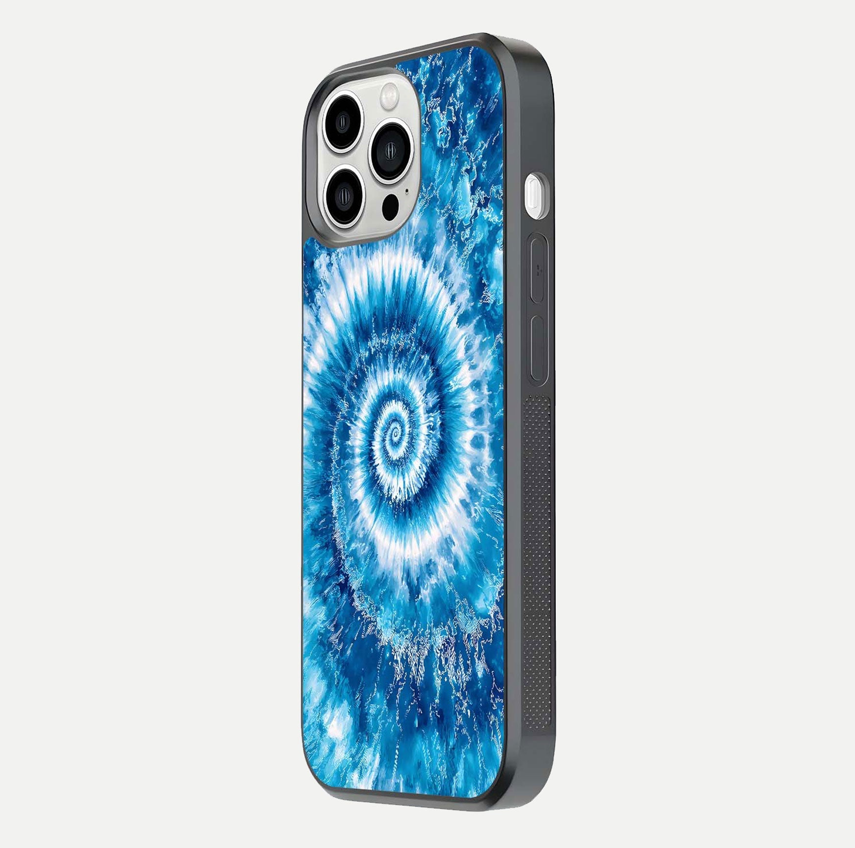 Blue Galaxy Wave Glass Case for iPhone 13 Pro Max side-angle image showing wave ripple art and glass gloss