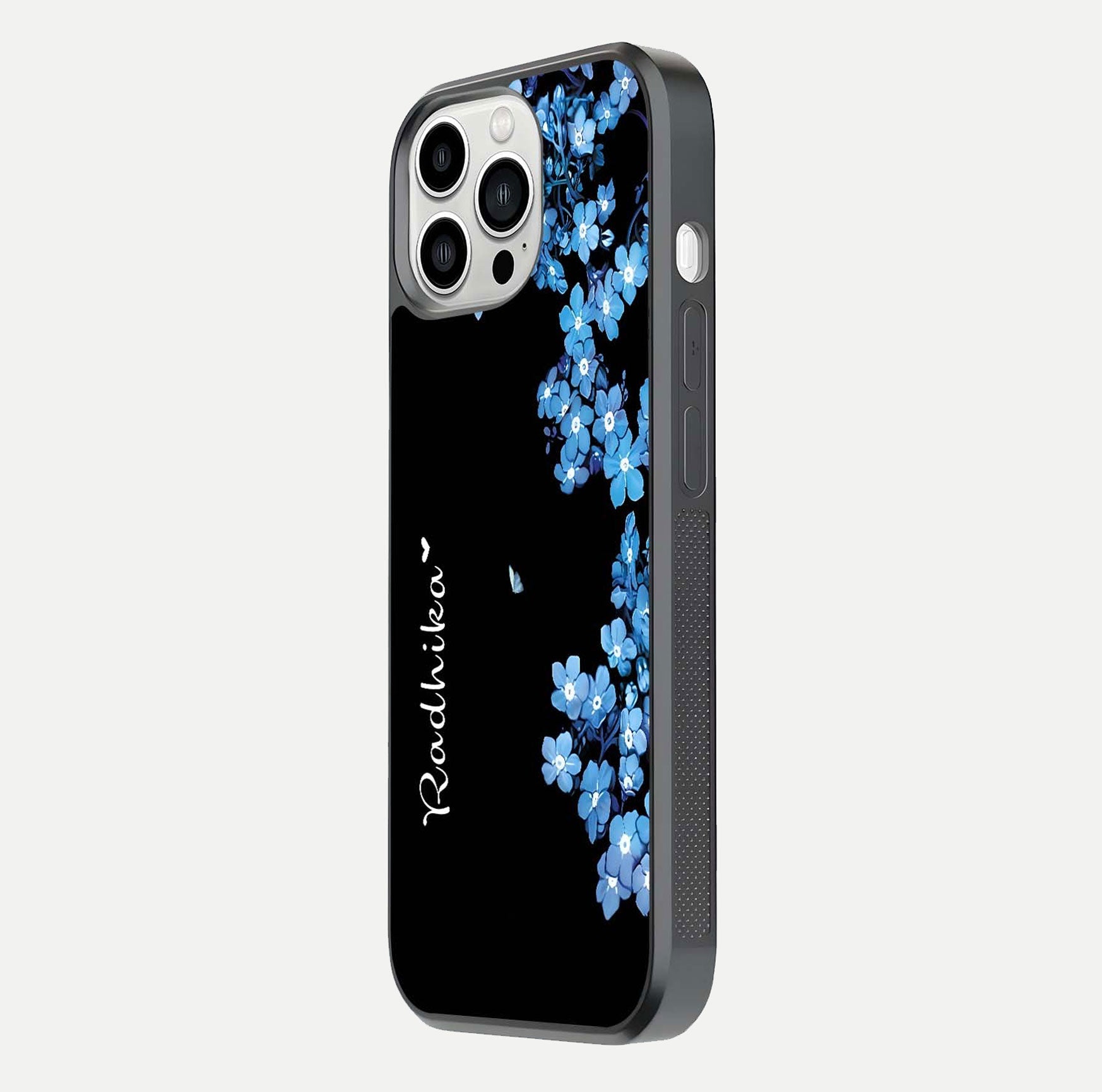 Blue Petal Dream Custom Name Glass Case for iPhone 13 Pro Max side-angle image showing name print clarity and smooth gloss