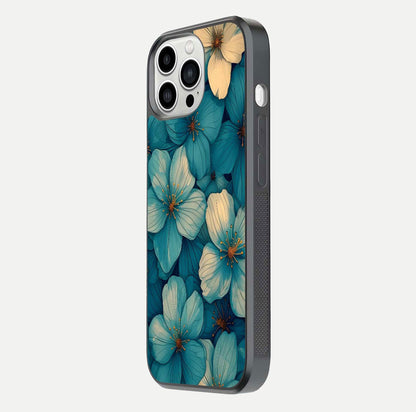 Blue Shade Floral Glass Case for iPhone 13 Pro Max side-angle photo showing detailed floral hues and curved glass shine