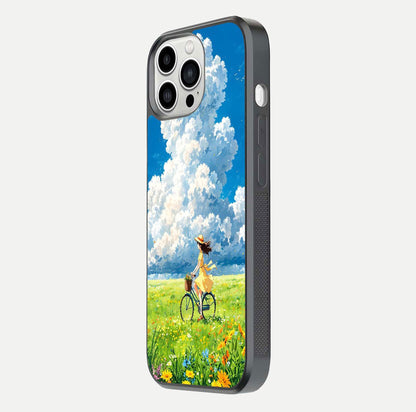 Breezy Meadow Ride Glass Case for iPhone 13 Pro Max side-angle image showing floral details and edge glow