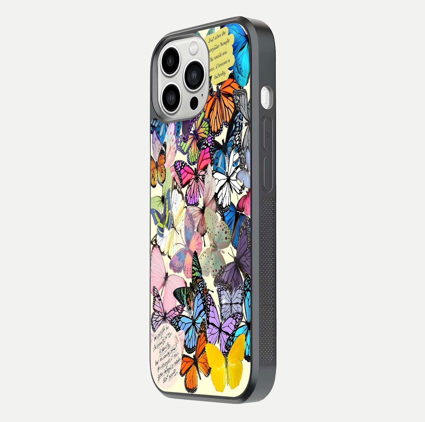 Butterflies Petal Dream Glass Case for iPhone 13 Pro Max side-angle shot showing butterfly motion and curved edges