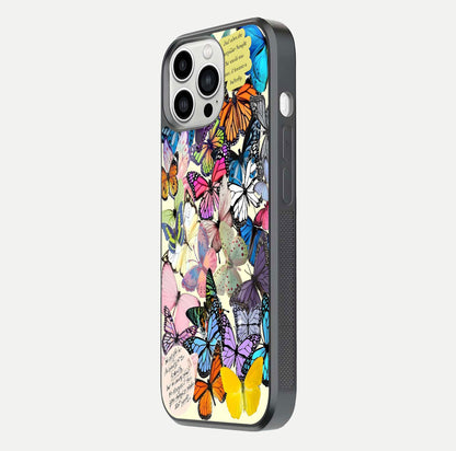 Butterflies Petal Dream Glass Case for iPhone 13 Pro Max side-angle shot showing butterfly motion and curved edges