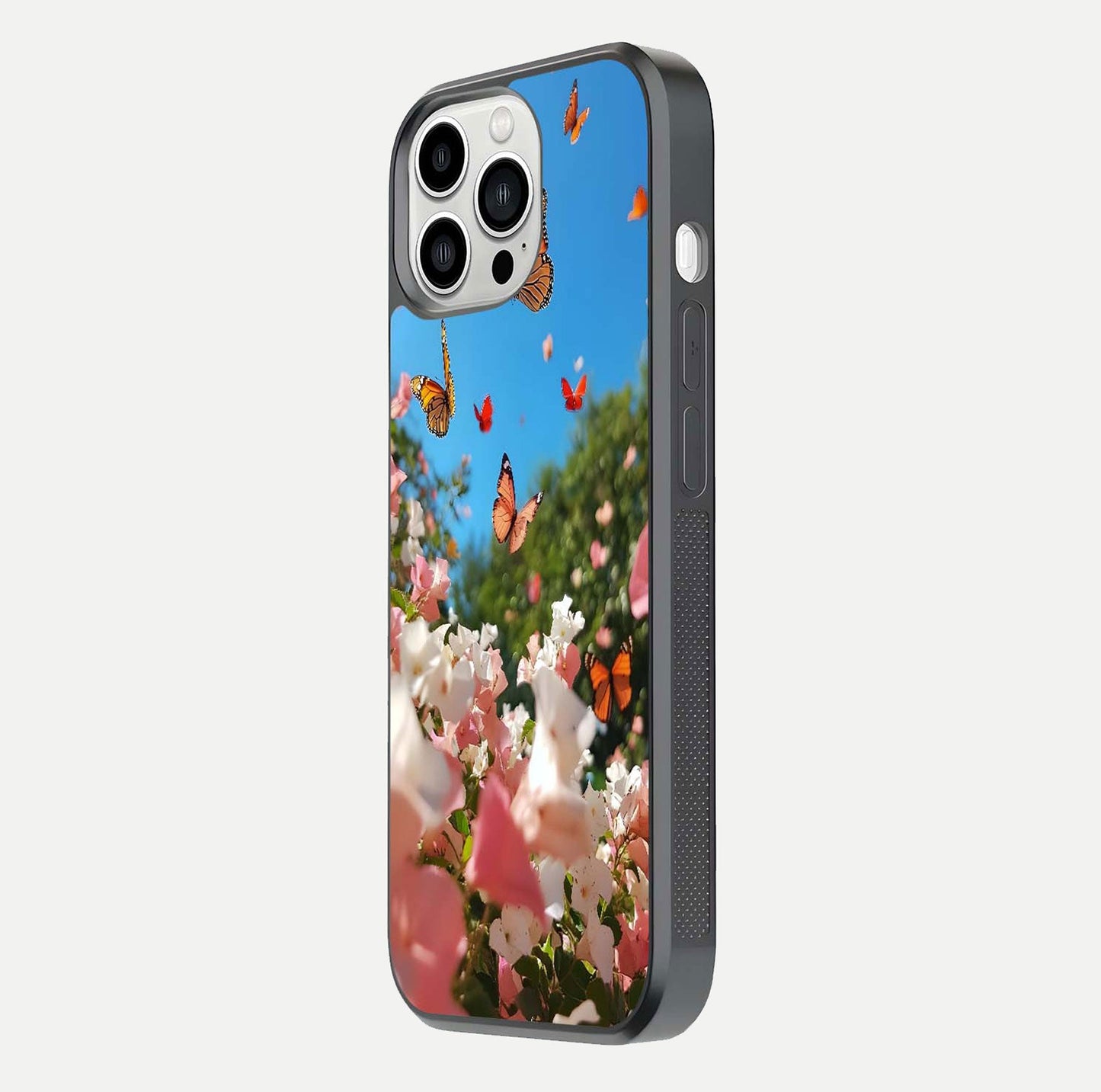 Butterflies in Bloom Sky Glass Case for iPhone 13 Pro Max side-angle image showing delicate details and gloss polish