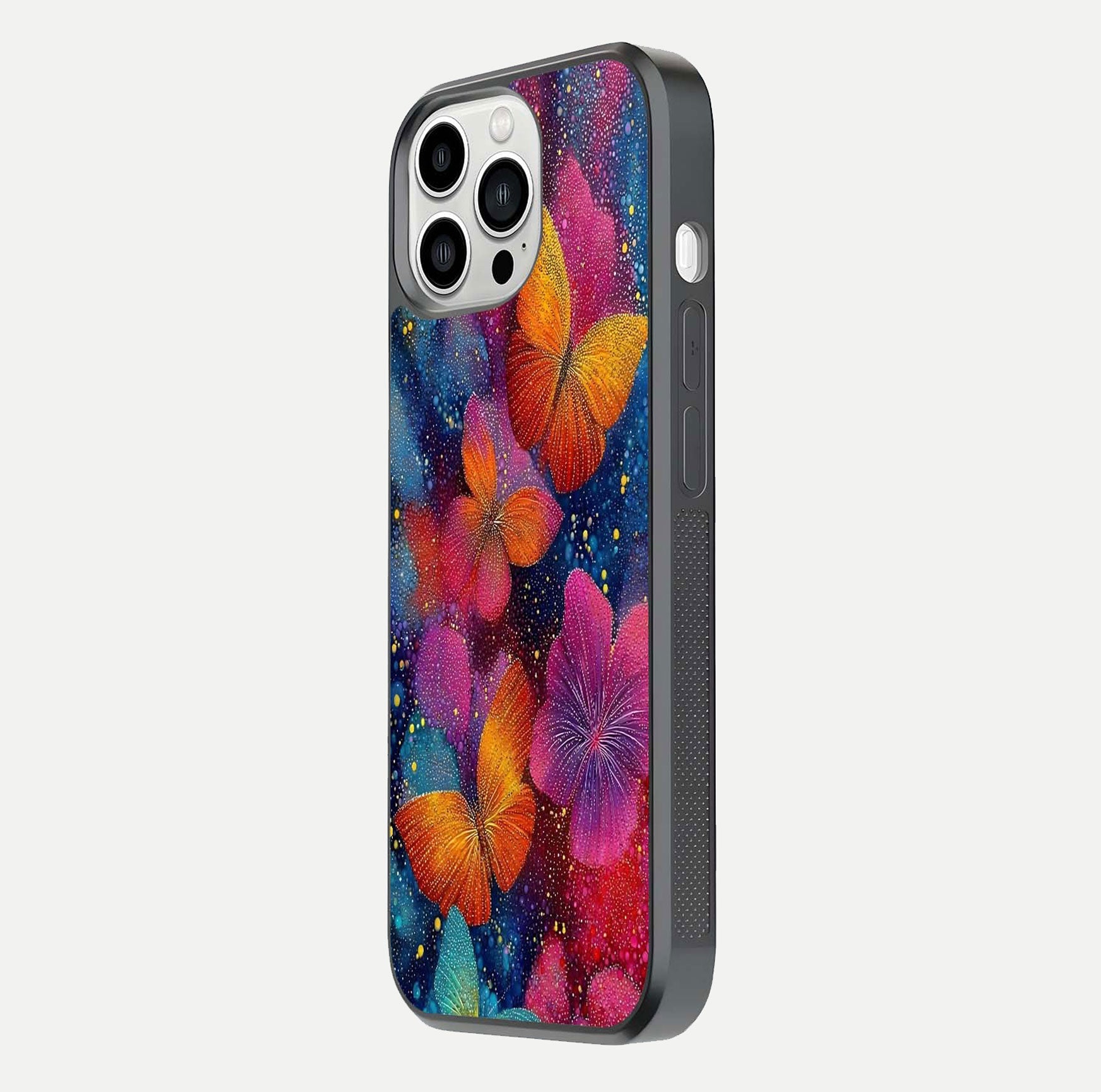 Butterfly Dream Mist Glass Case for iPhone 13 Pro Max side-angle image showing soft gradient and reflective glow