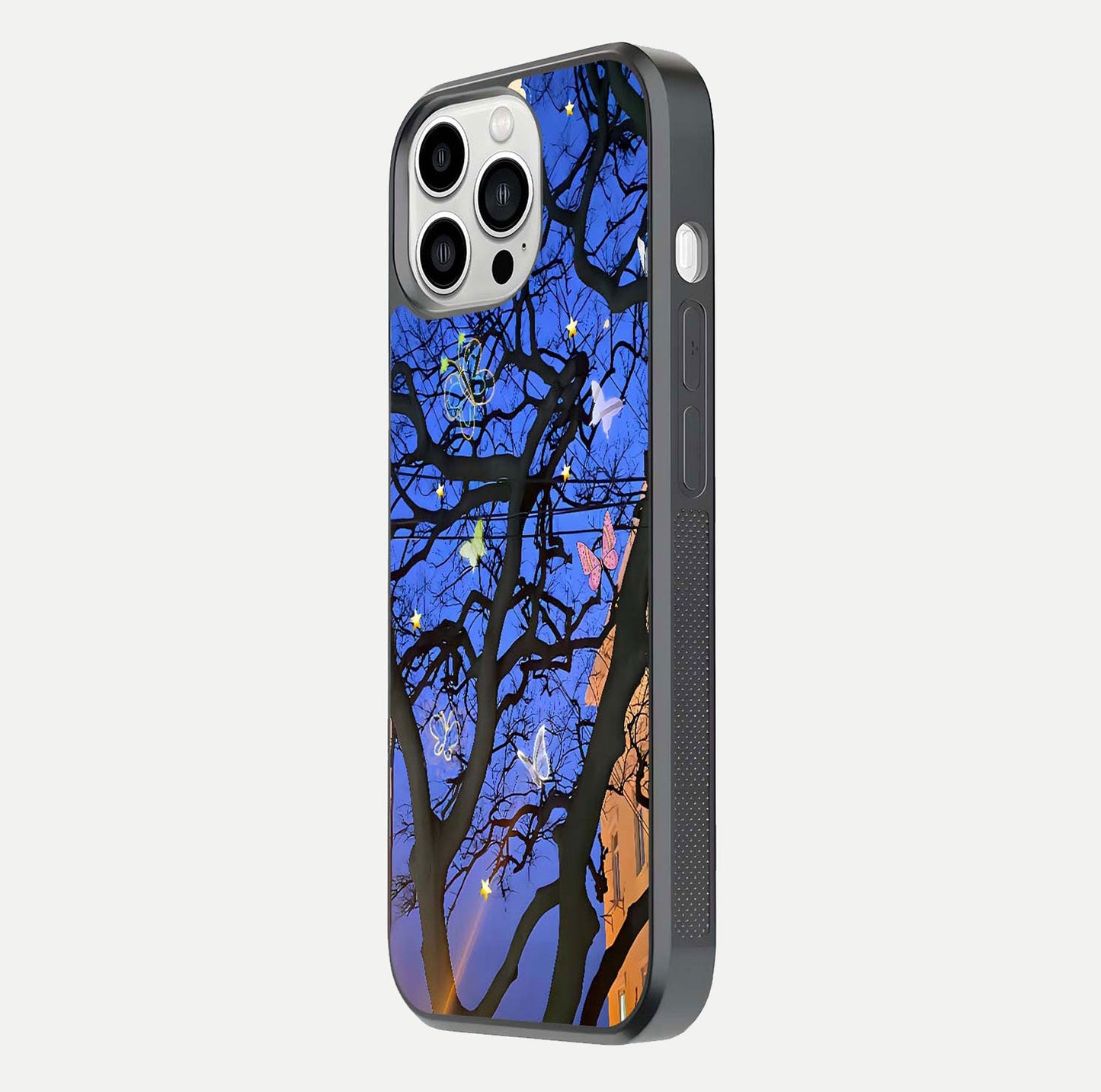 Butterfly Night Magic Glass Case for iPhone 13 Pro Max side-angle view capturing butterfly contrast and glossy depth