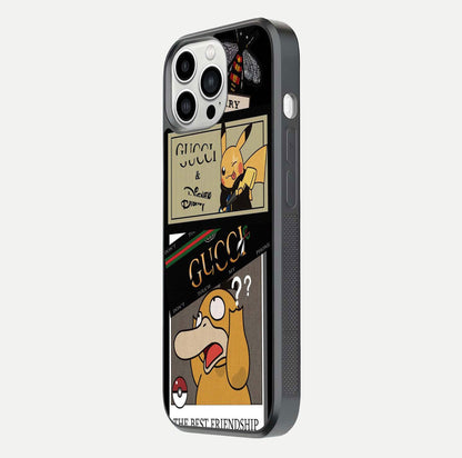 Cartoon Brand Play Mashup Glass Case for iPhone 13 Pro Max side-angle image showing reflection brightness and fun graphic mix
