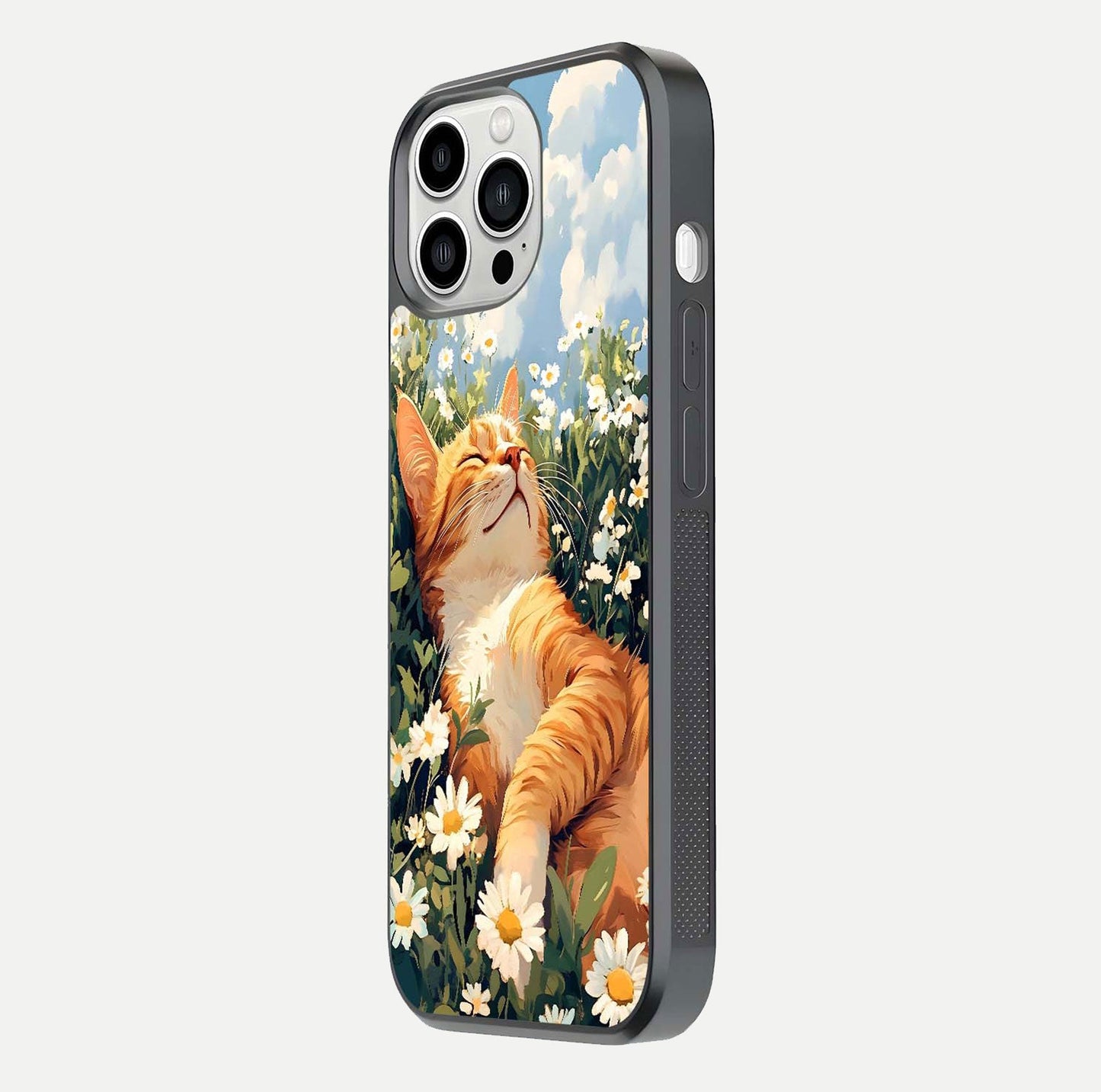 Cat & Flowers View Glass Case for iPhone 13 Pro Max side-angle image capturing cat print clarity and gloss tone