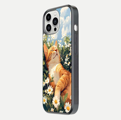 Cat & Flowers View Glass Case for iPhone 13 Pro Max side-angle image capturing cat print clarity and gloss tone