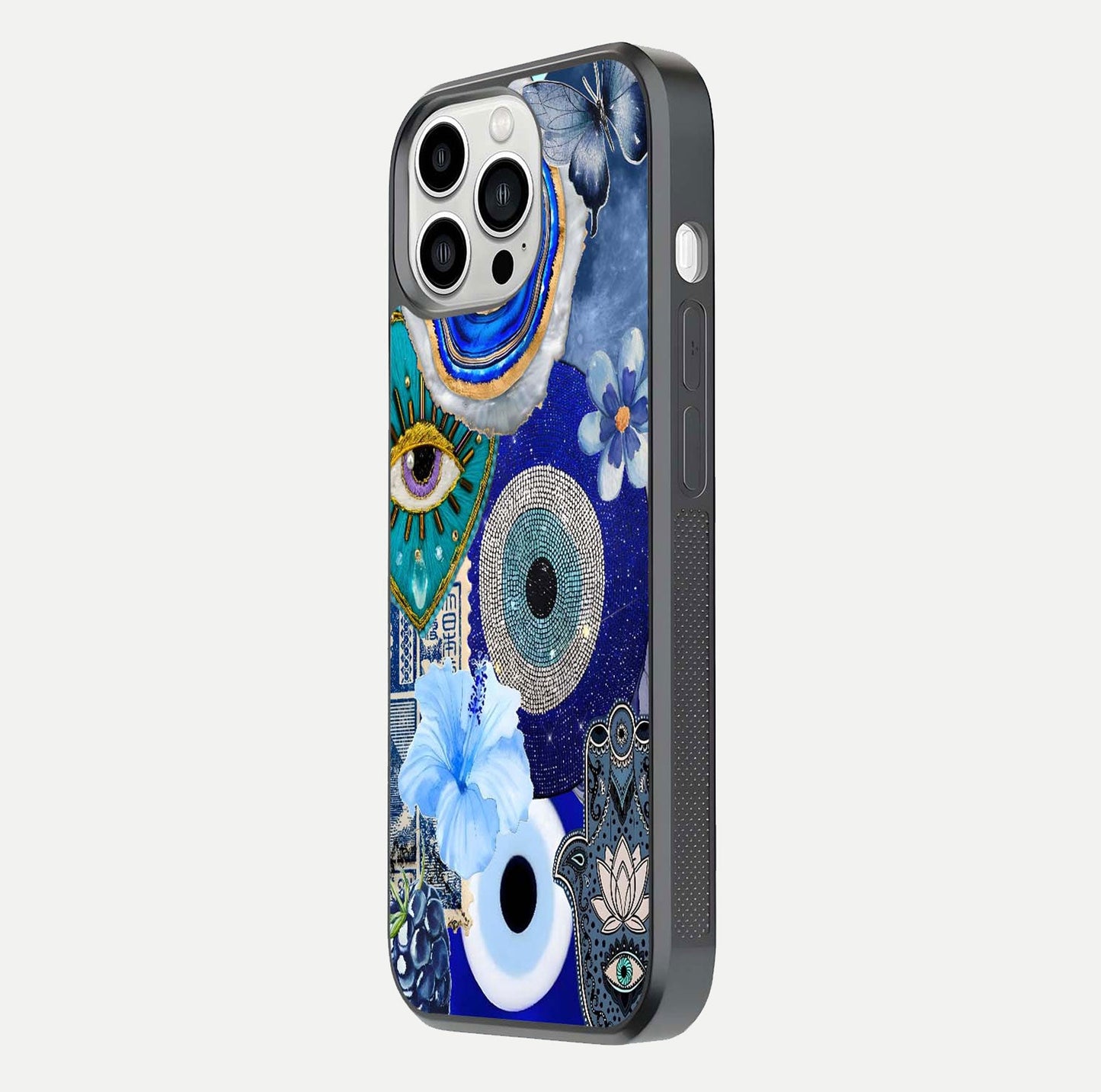 Celestial Blue Vision Glass Case for iPhone 13 Pro Max side-angle image capturing starlight shimmer and glass reflection