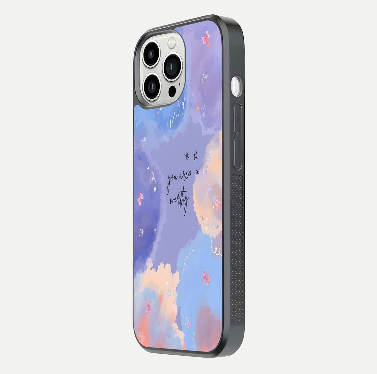 Celestial Cloud Magic Glass Case for iPhone 13 Pro Max side-angle photo showing edge reflection and dreamy texture