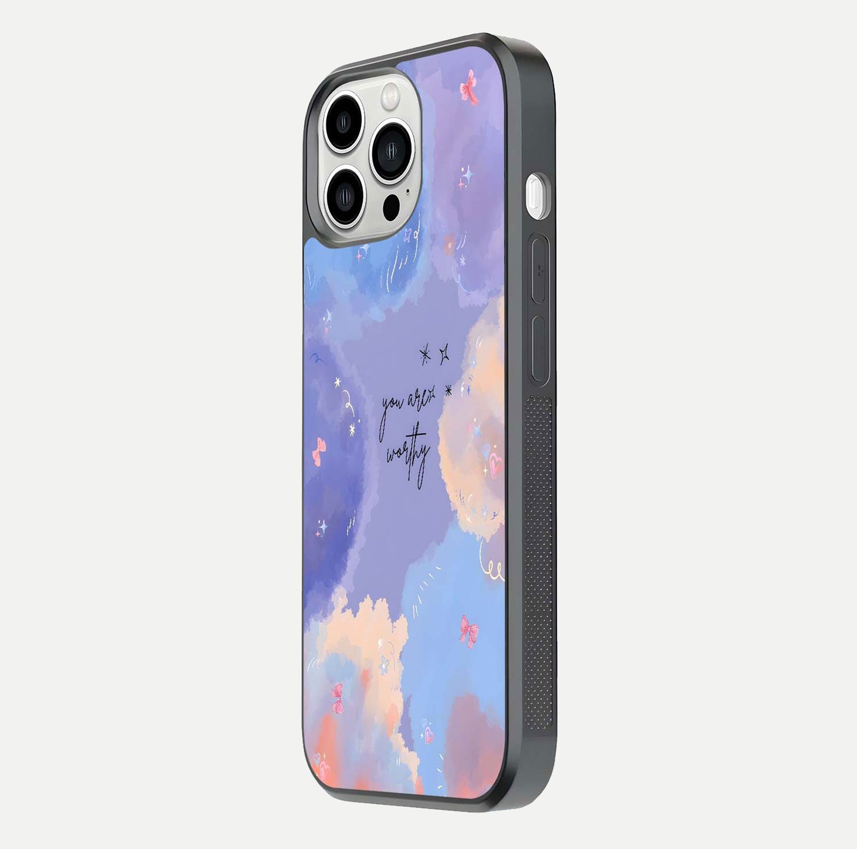 Celestial Cloud Magic Glass Case for iPhone 13 Pro Max side-angle photo showing edge reflection and dreamy texture