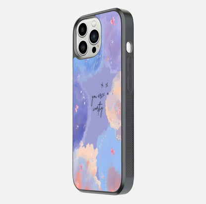 Celestial Cloud Magic Glass Case for iPhone 13 Pro Max side-angle photo showing edge reflection and dreamy texture