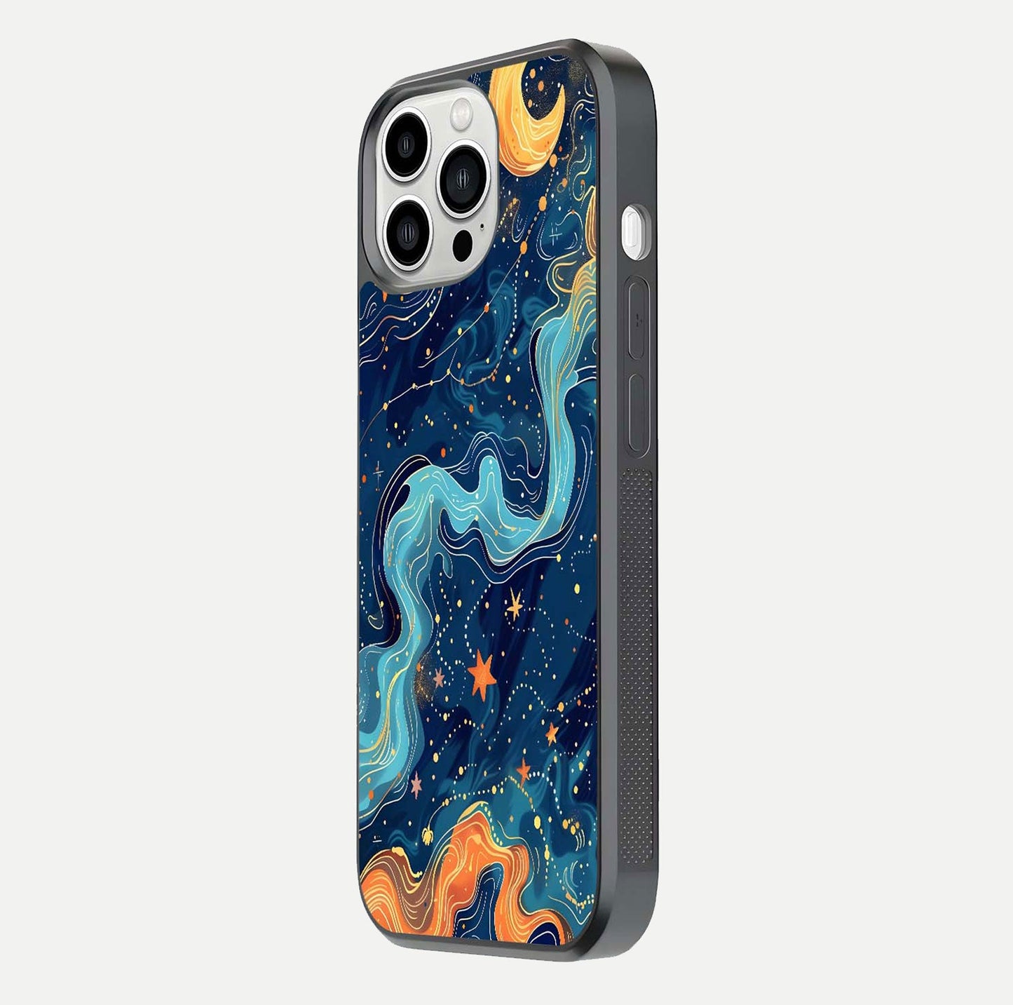 Celestial Dream Flow Glass Case for iPhone 13 Pro Max side-angle image capturing color swirl and glass reflection
