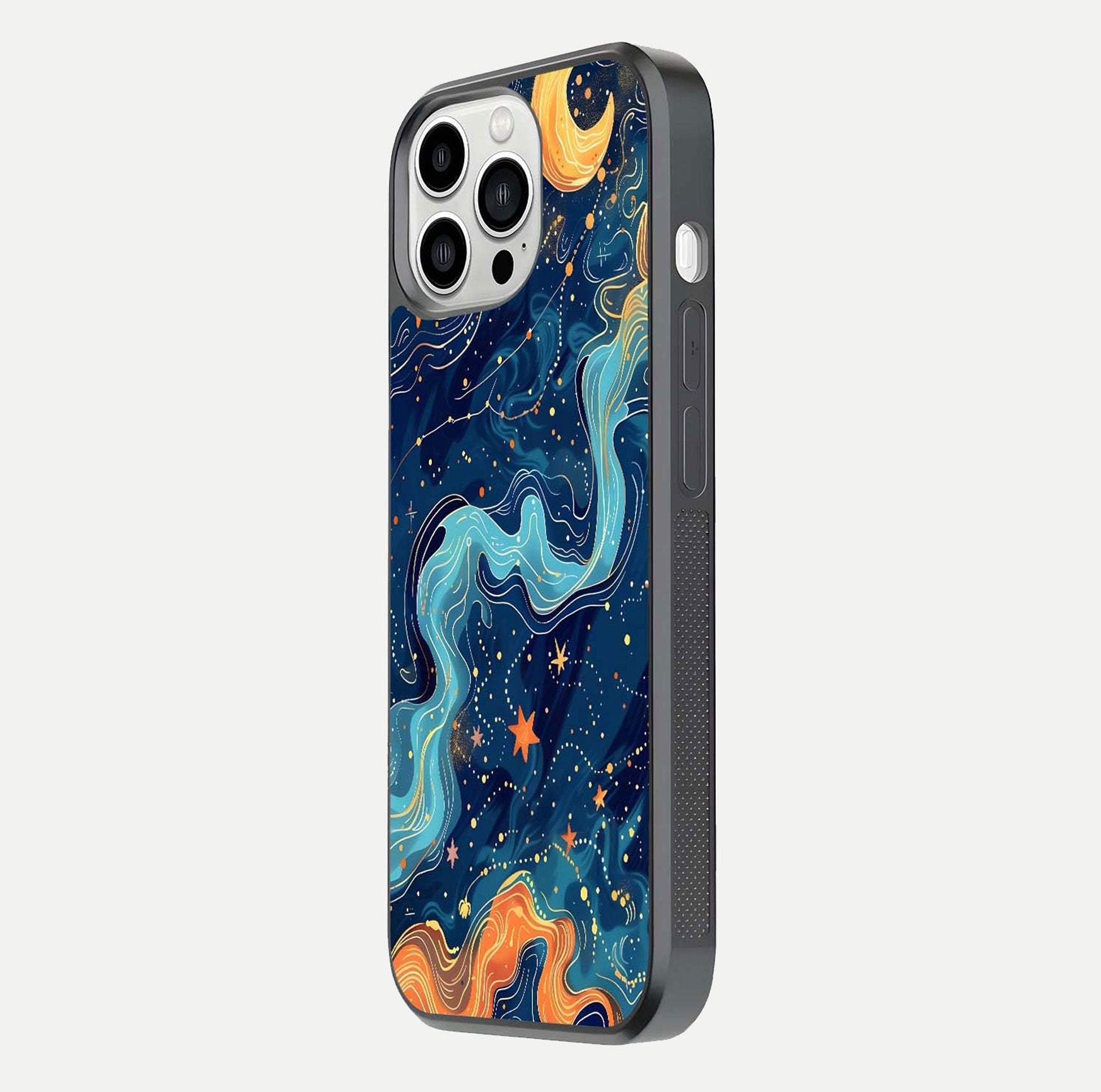 Celestial Dream Flow Glass Case for iPhone 13 Pro Max side-angle image capturing color swirl and glass reflection