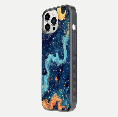 Celestial Dream Flow Glass Case for iPhone 13 Pro Max side-angle image capturing color swirl and glass reflection