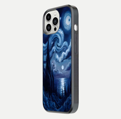 Celestial Dream Van Gogh Glass Case for iPhone 13 Pro Max side-angle photo showing depth swirl design and curved reflection