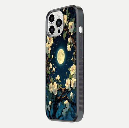 Celestial Moon & Flower Glass Case for iPhone 13 Pro Max side-angle image showing edge smoothness and glow reflection