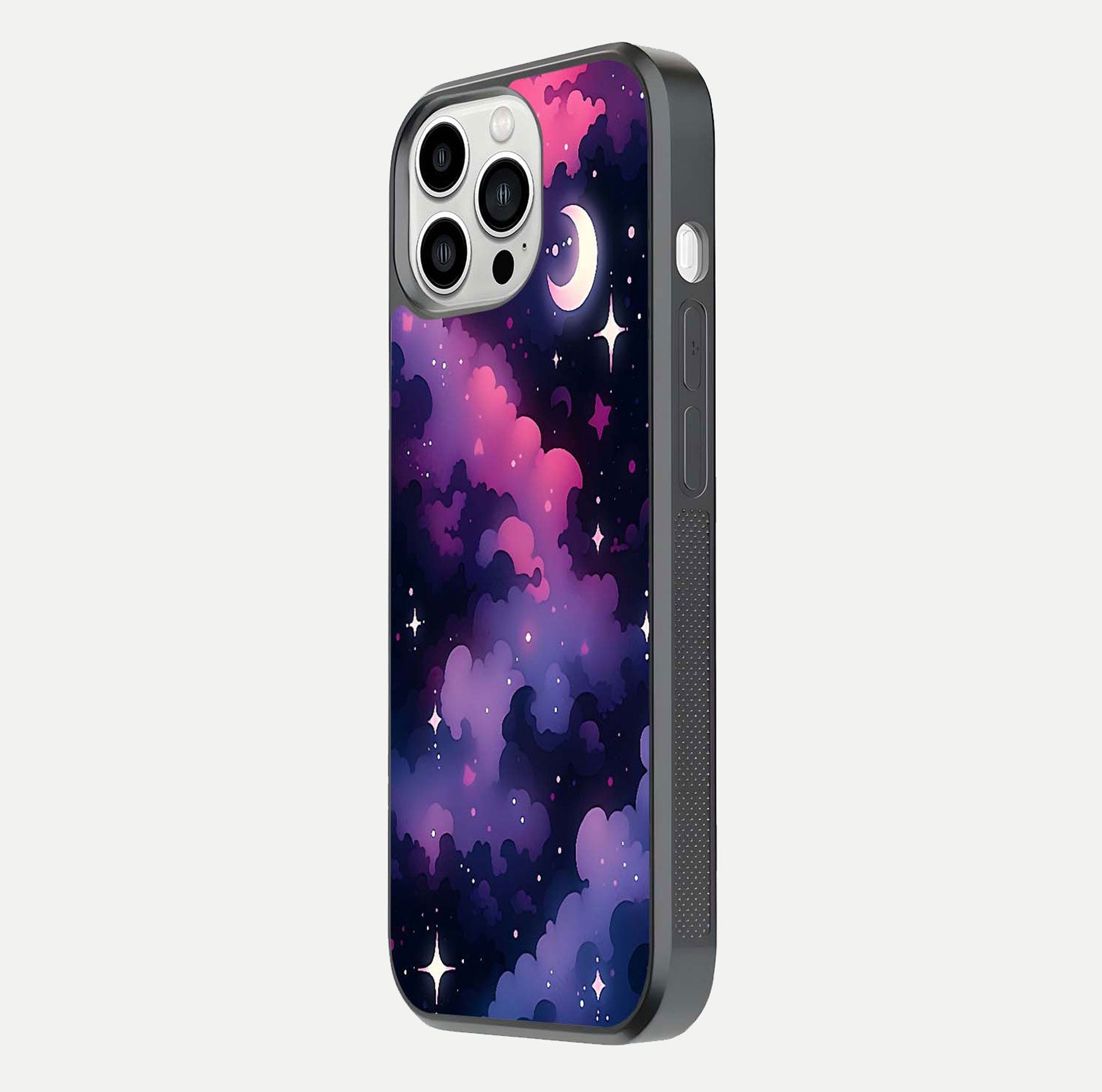Celestial Moon Magic Glass Case for iPhone 13 Pro Max side-angle shot capturing soft reflection and curved gloss