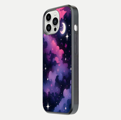 Celestial Moon Magic Glass Case for iPhone 13 Pro Max side-angle shot capturing soft reflection and curved gloss