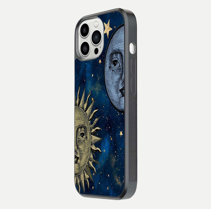 Celestial Moon With Sun Glass Case for iPhone 13 Pro Max side-angle image showing reflection tones and cosmic edge