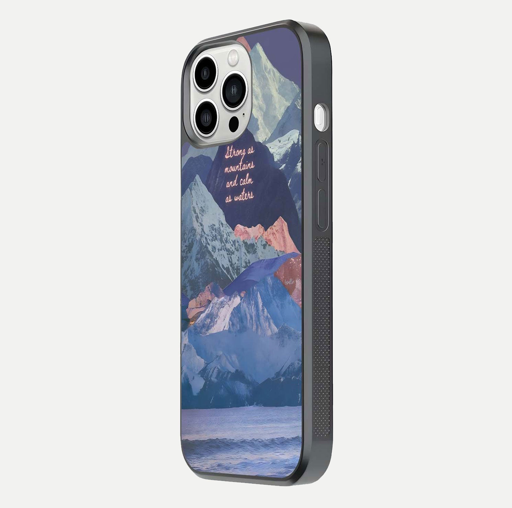 Celestial Mountain Calm Glass Case for iPhone 13 Pro Max side-angle image capturing mountain detail and shine gradient