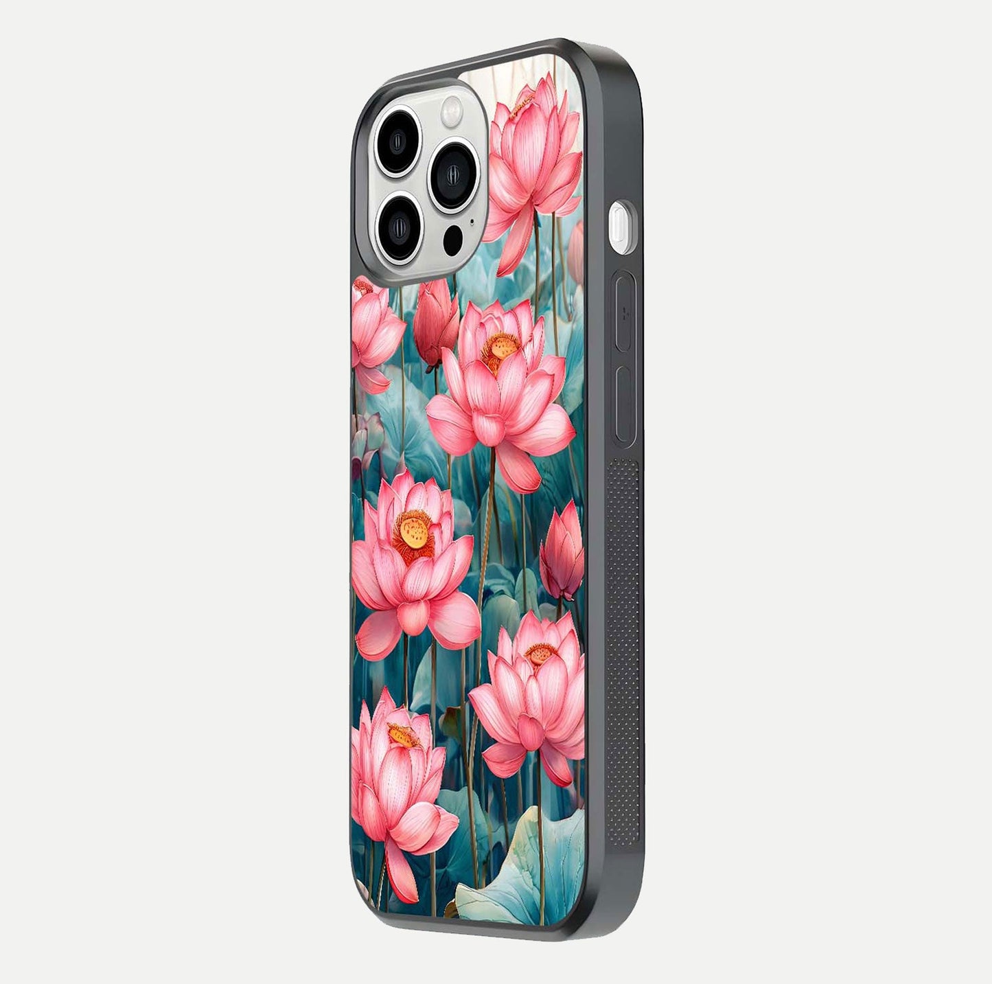 Celestial Pink Lotus Glass Case for iPhone 13 Pro Max side-angle image showing reflective shine and petal curve
