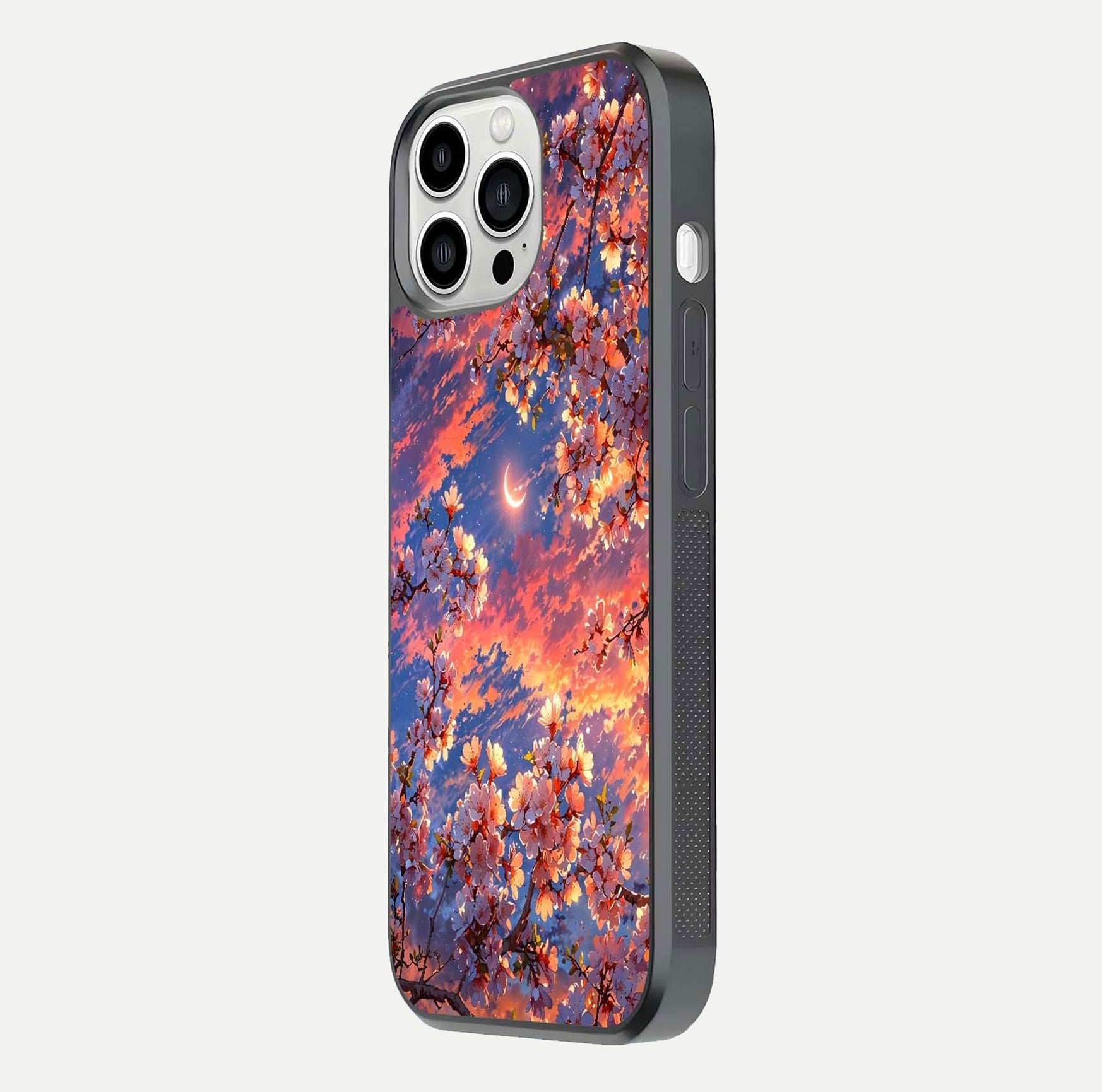 Celestial Sakura Sunset Glass Case for iPhone 13 Pro Max side-angle image showing edge glow and petal texture