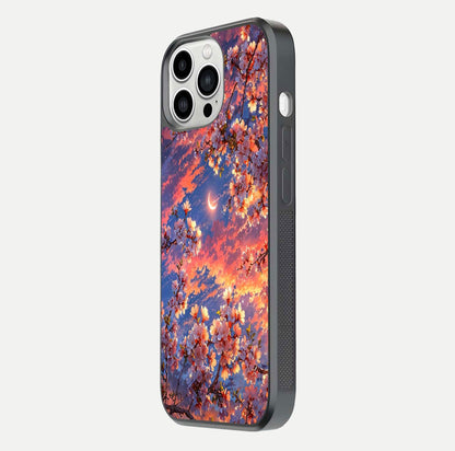 Celestial Sakura Sunset Glass Case for iPhone 13 Pro Max side-angle image showing edge glow and petal texture