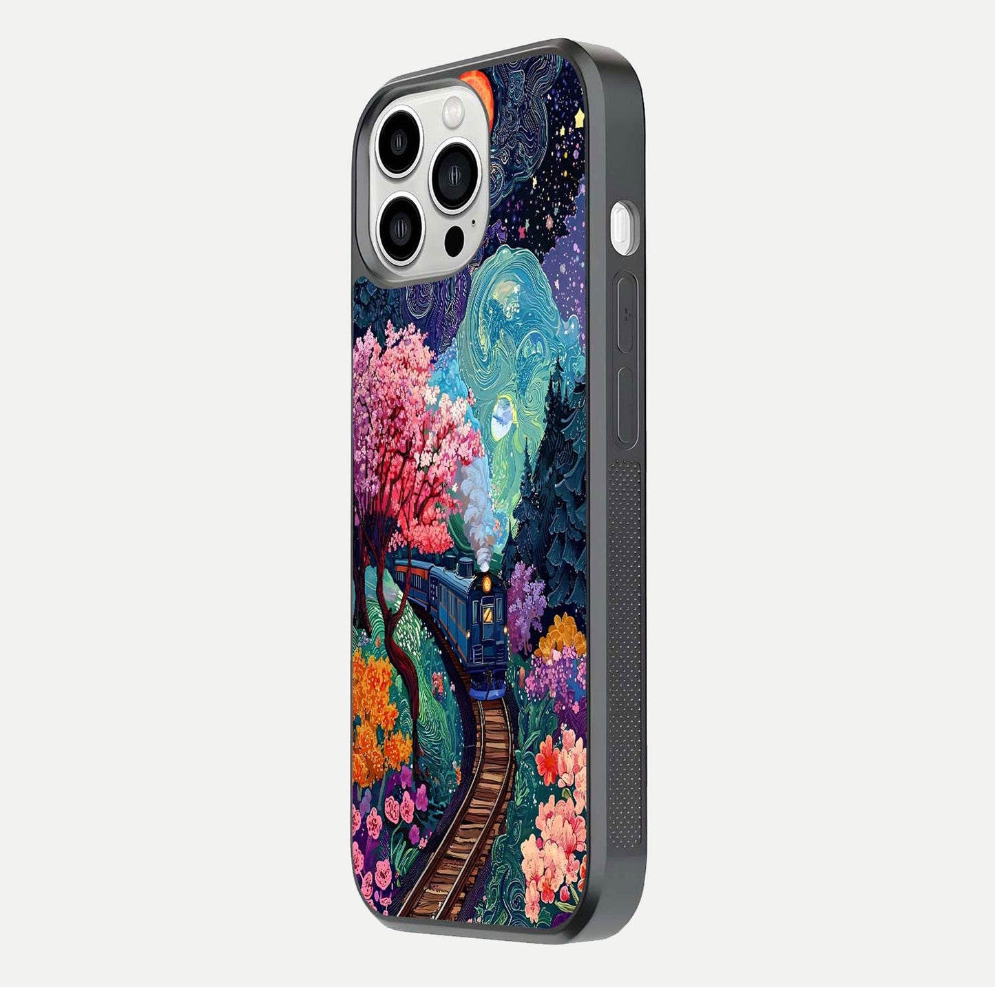 Celestial Train Journey Glass Case for iPhone 13 Pro Max side-angle image showing polished curve and HD print detail