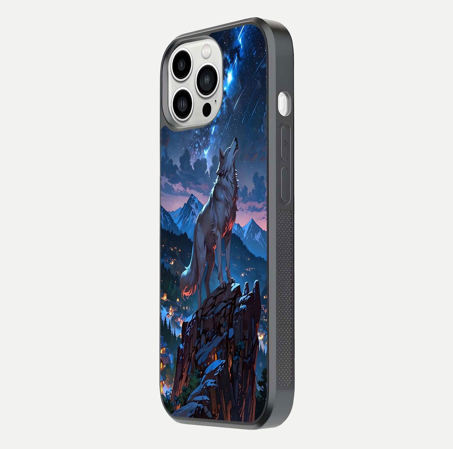 Celestial Wolf Howl Glass Case for iPhone 13 Pro Max side-angle image showing curve polish and moon glow