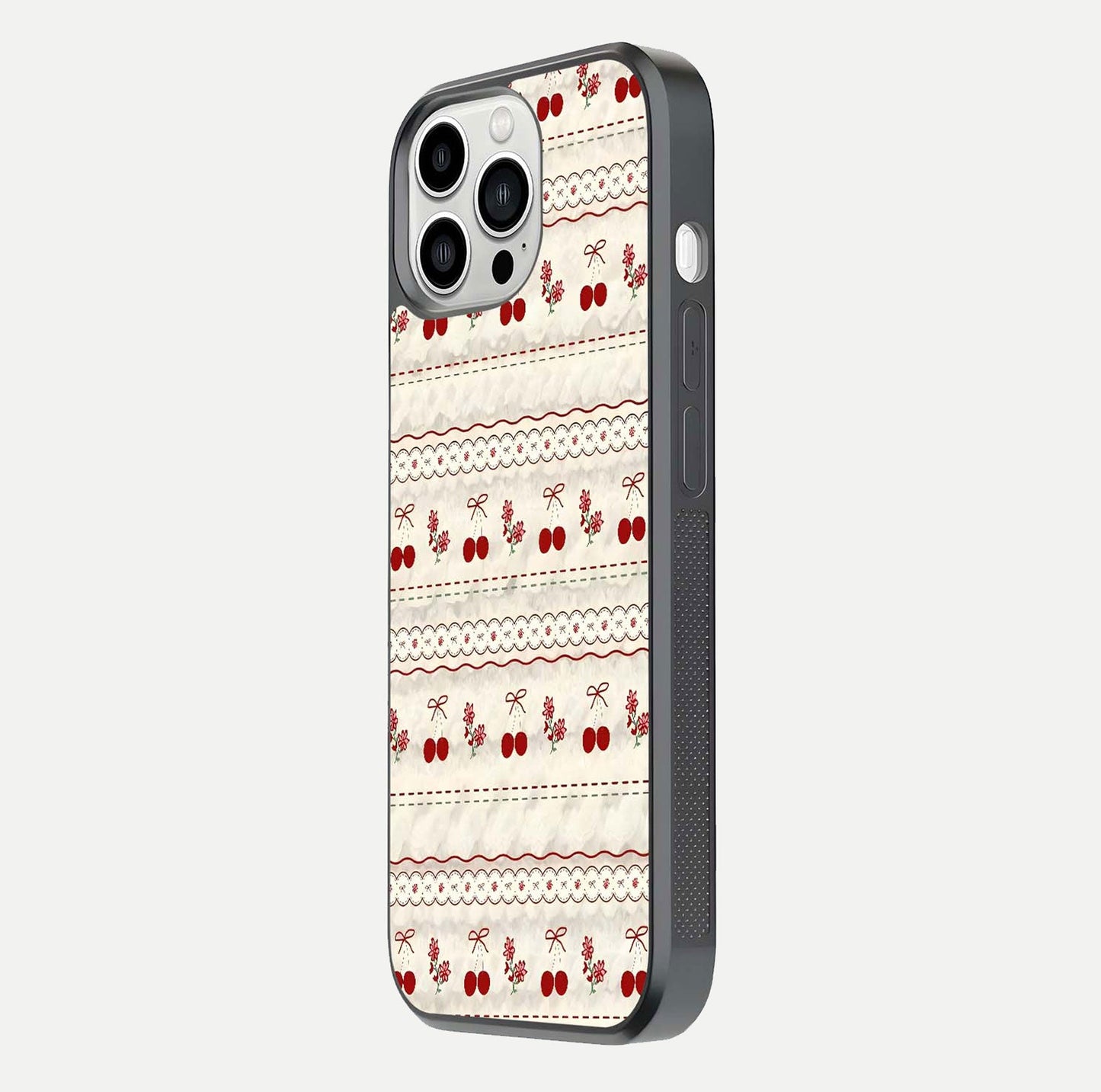 Cherry Bloom Charm Glass Case for iPhone 13 Pro Max side-angle photo showing flower detail and edge light