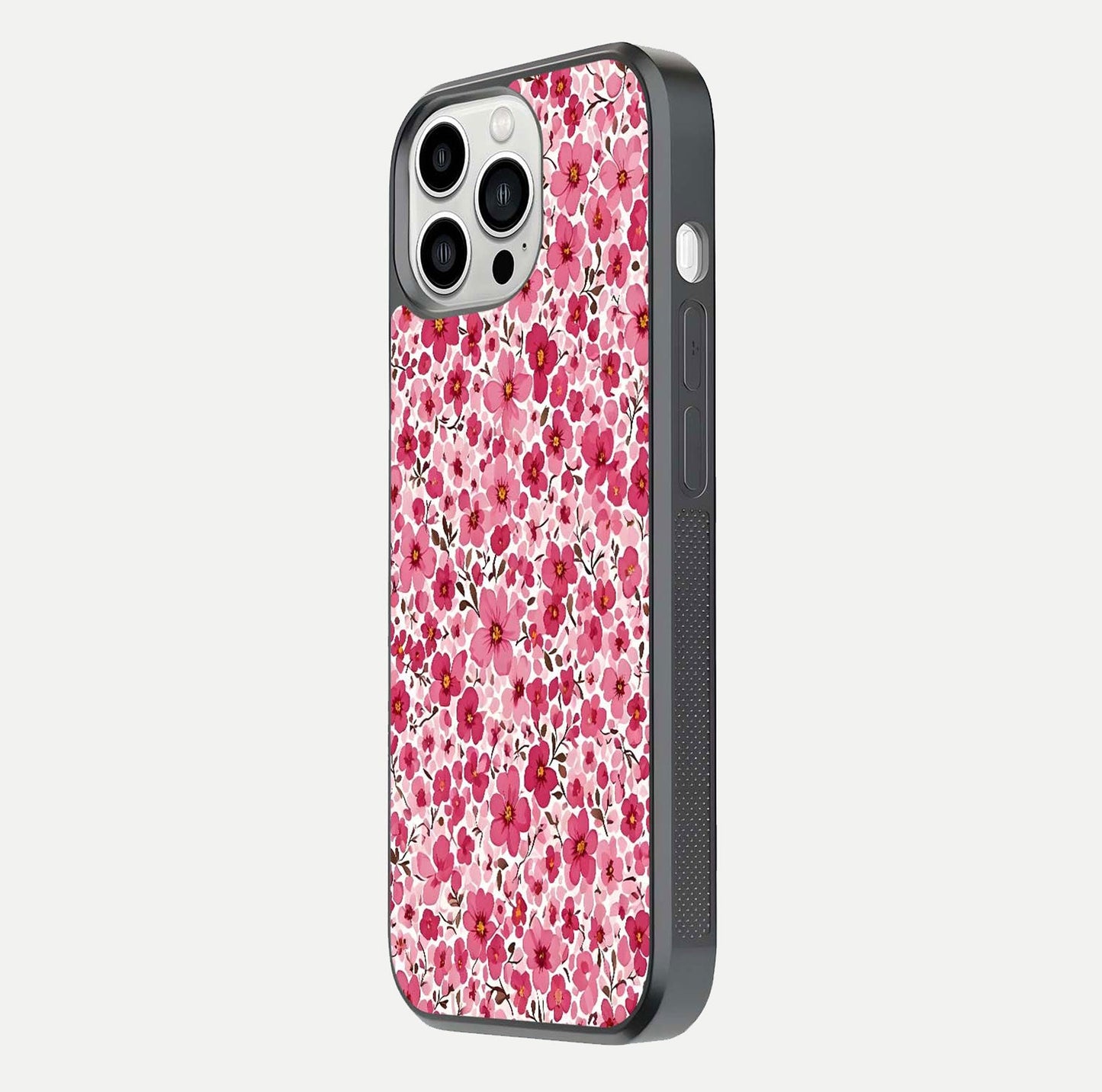 Cherry Blossom Charm Glass Case for iPhone 13 Pro Max side-angle image showing reflection gloss and soft texture