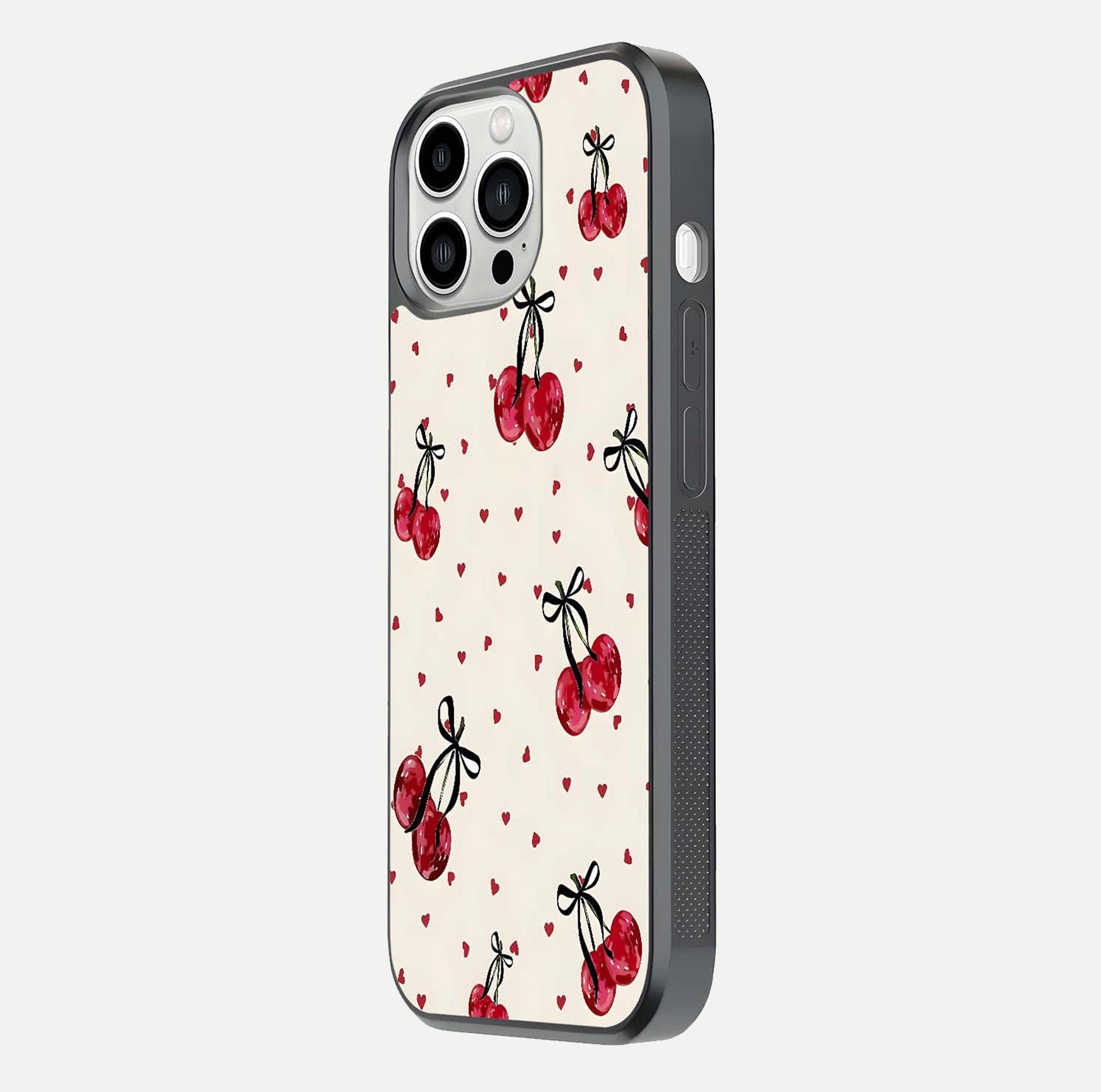 Cherry Heart Bow Glass Case for iPhone 13 Pro Max side-angle image capturing gloss texture and charm bow art