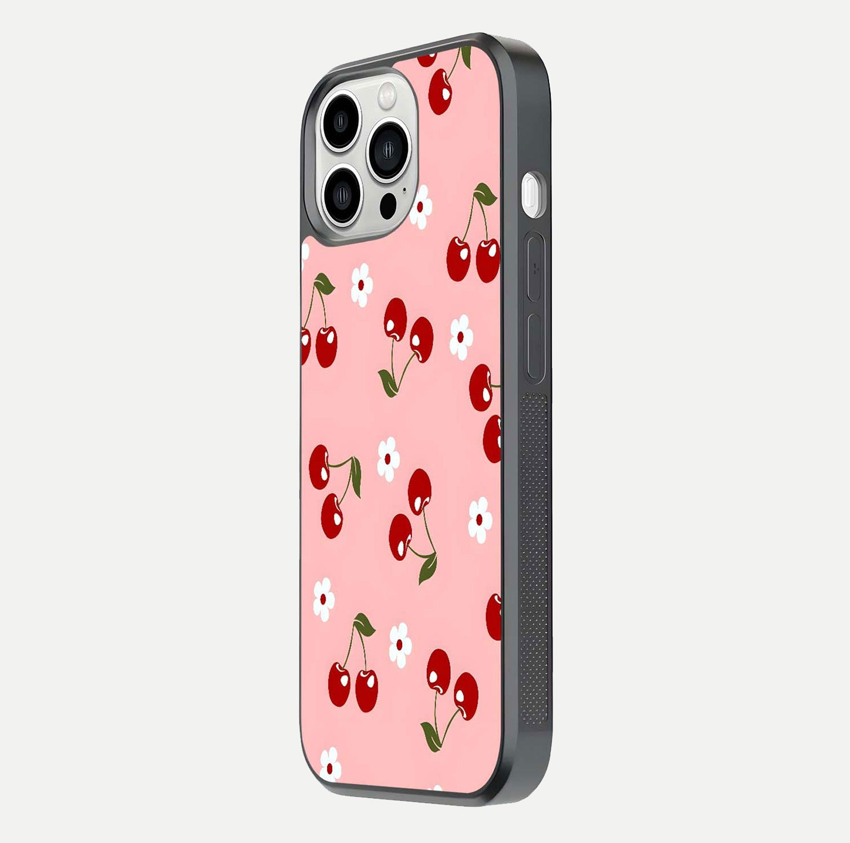 Cherry Love Mood Glass Case for iPhone 13 Pro Max side-angle image capturing smooth gloss and delicate details