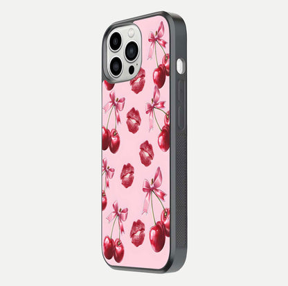 Cherry With Lips Glass Case for iPhone 13 Pro Max side-angle image showing gloss reflection and fine details