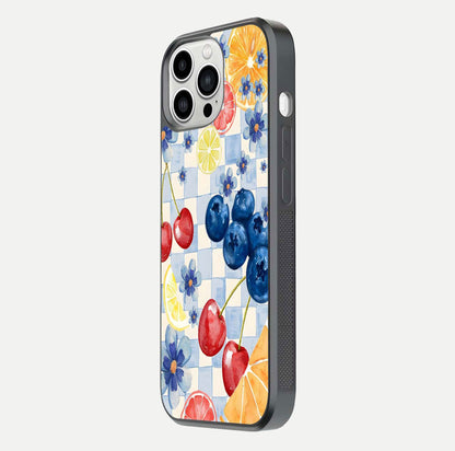 Citrus Bloom Joy Glass Case for iPhone 13 Pro Max side-angle photo capturing bright color and glass reflection