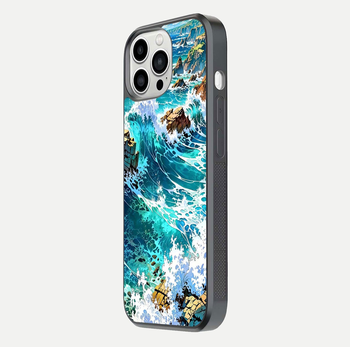 Coastal Blue Waves Glass Case for iPhone 13 Pro Max side-angle photo showing gloss texture and color depth