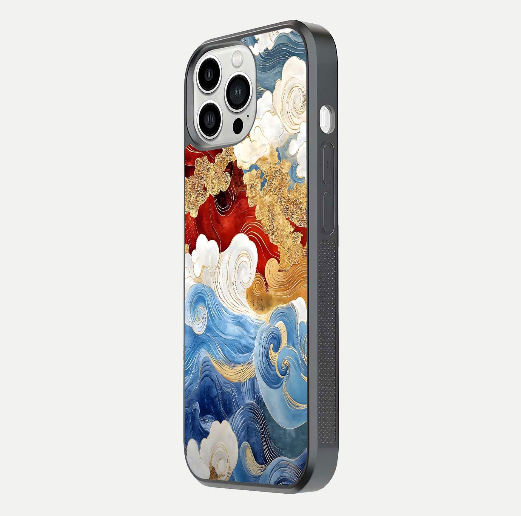 Colored Waves Glass Case for iPhone 13 Pro Max side-angle image showing light reflection, edge design, and shine