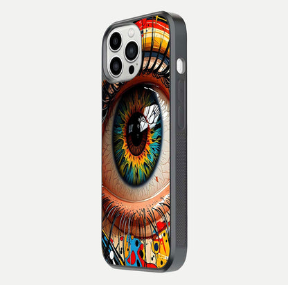 Colorful Eye Glass Case for iPhone 13 Pro Max side-angle photo showing reflective surface and design detail