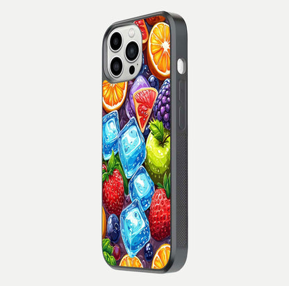Colorful Fruits with Ice Glass Case for iPhone 13 Pro Max side-angle photo showing curve gloss and vivid tones