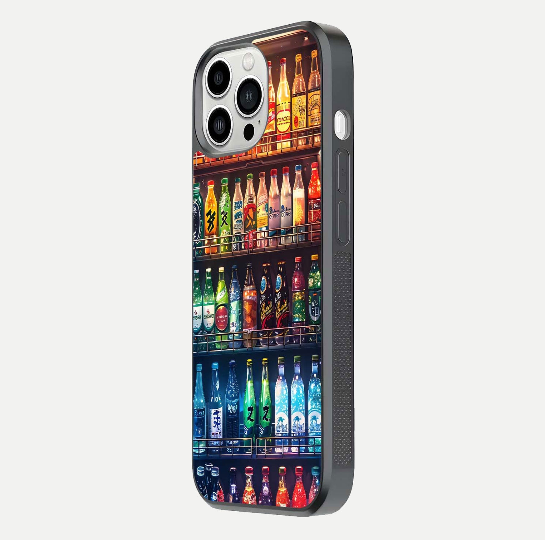 Colorful Soda Bottles Glass Case for iPhone 13 Pro Max side-angle photo showing polish shine and texture depth