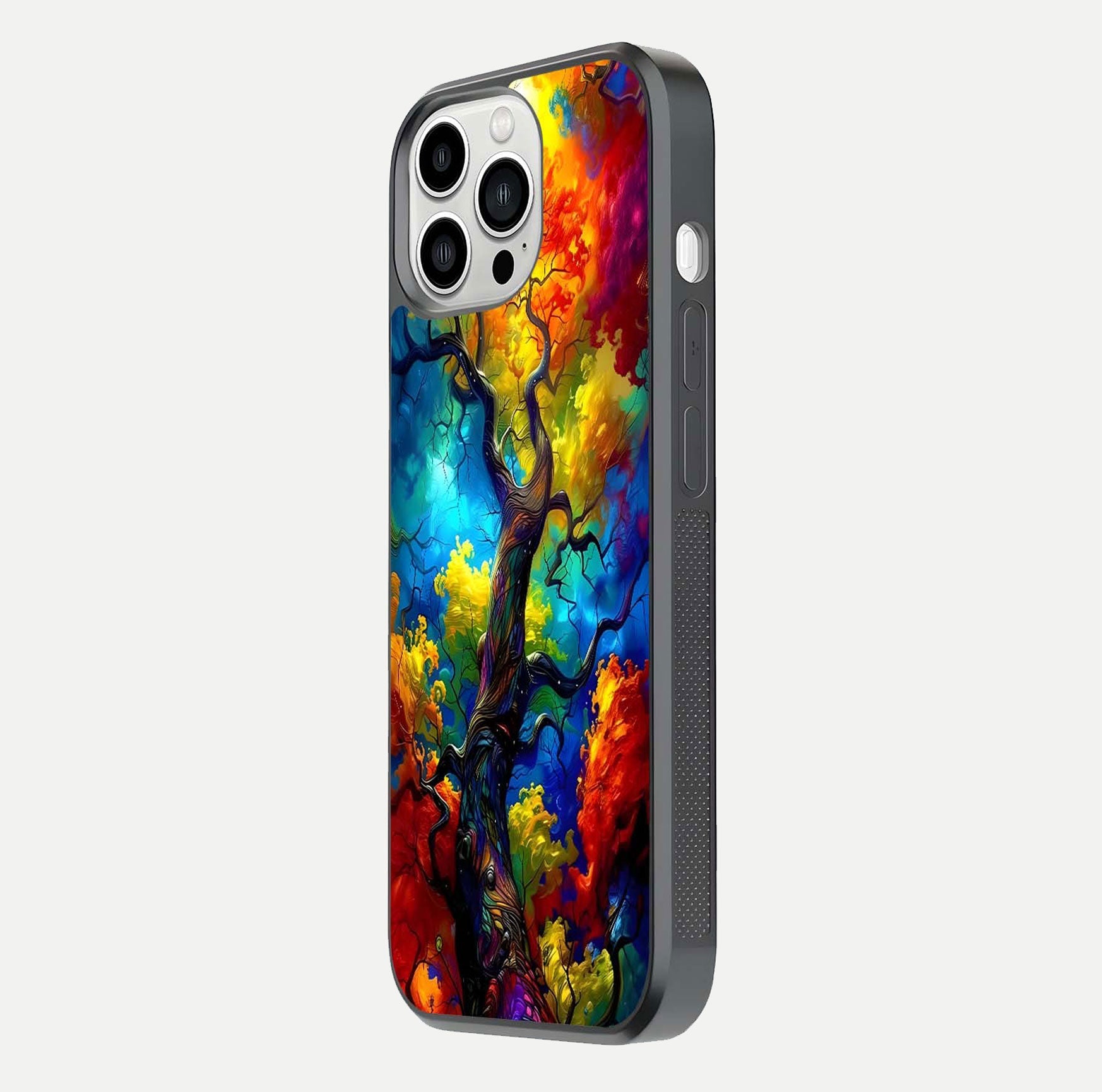 Colorful Tree Glass Case for iPhone 13 Pro Max side-angle image showing curve reflection and fine print texture