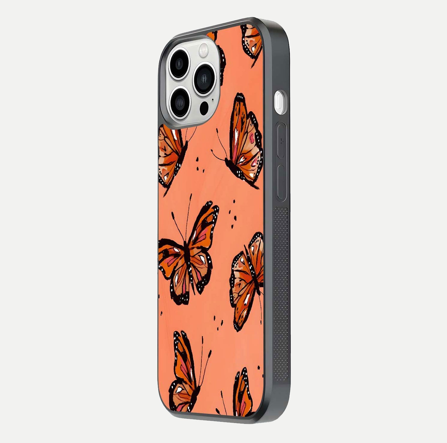 Coral Wing Butterfly Glass Case for iPhone 13 Pro Max side-angle photo showing reflective finish and smooth edges