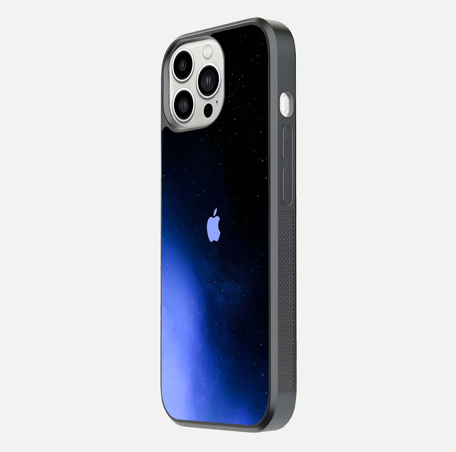 Cosmic Blue Apple Glass Case for iPhone 13 Pro Max side-angle image showing curve polish and star detail