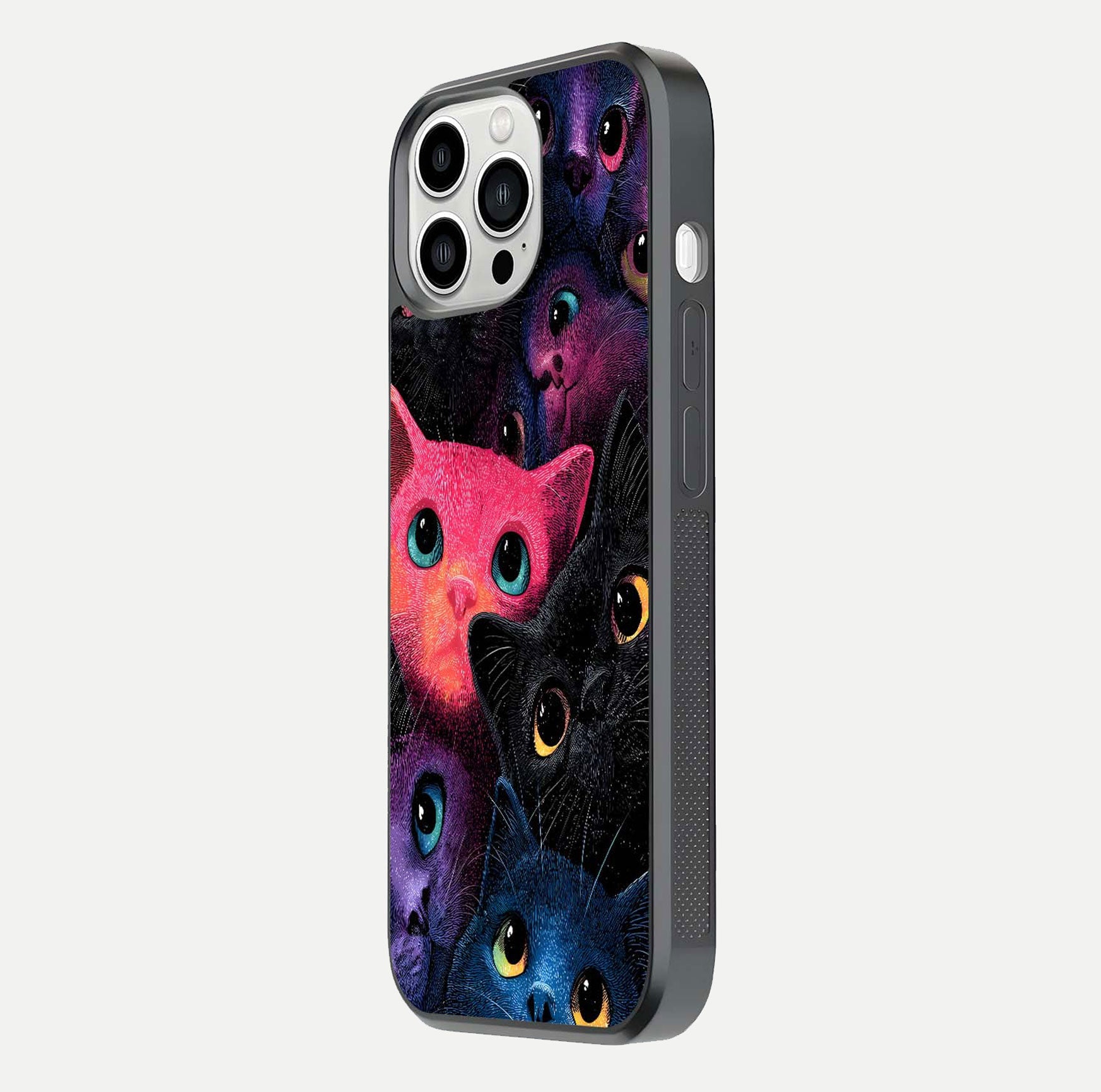 Cosmic Cats Dreams Glass Case for iPhone 13 Pro Max side-angle photo showing edge gloss and color depth