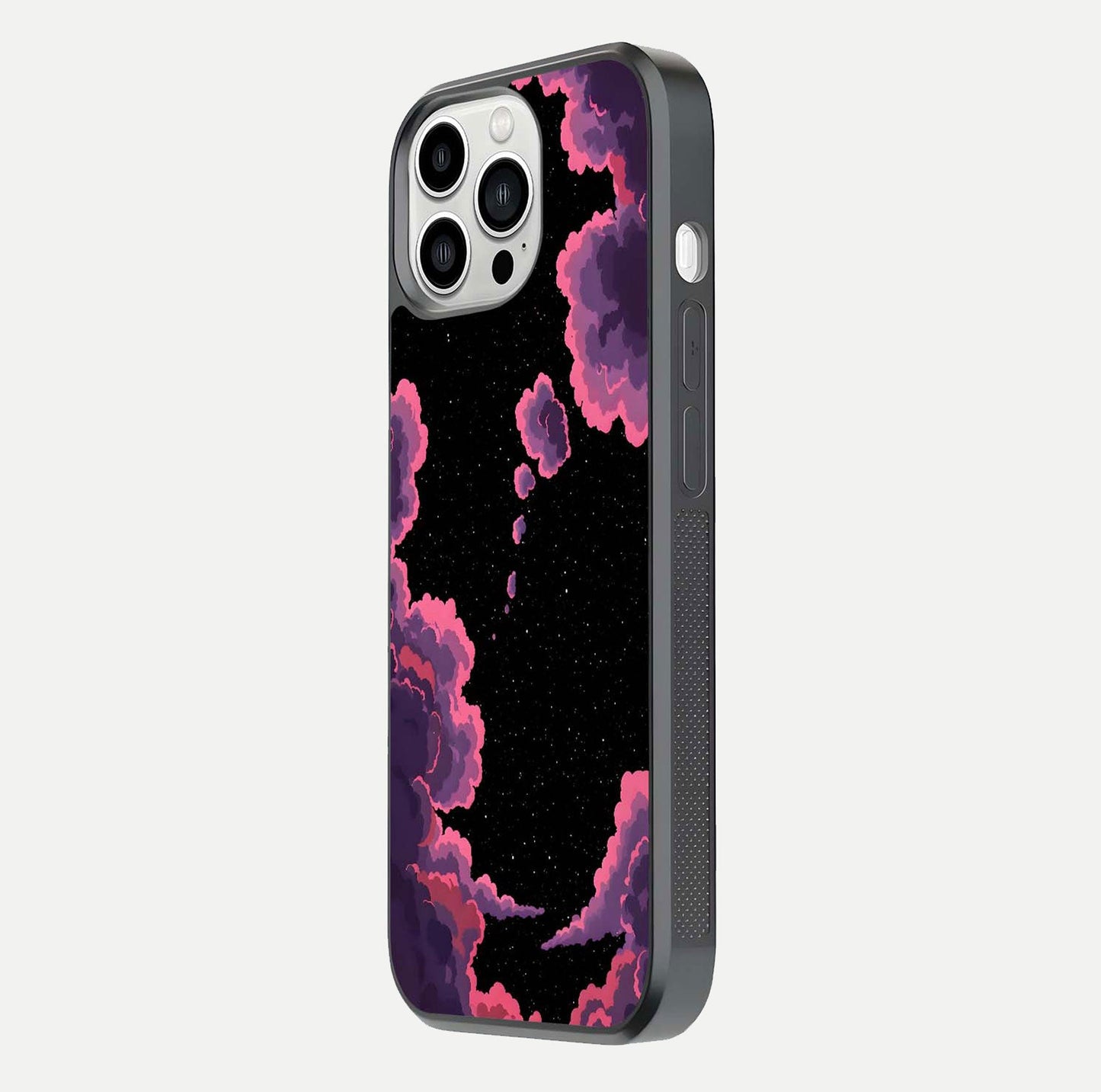Cosmic Cloud Journey Glass Case for iPhone 13 Pro Max side-angle photo showing glass reflection and smooth tone
