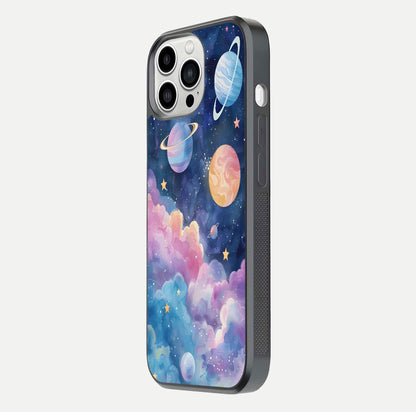 Cosmic Planet Dreams Glass Case for iPhone 13 Pro Max side-angle image showing texture clarity and shine