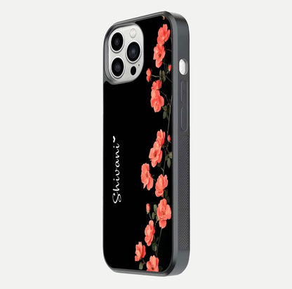 Crimson Bloom Grace Custom Name Glass Case for iPhone 13 Pro Max side-angle photo capturing edge glow and name clarity